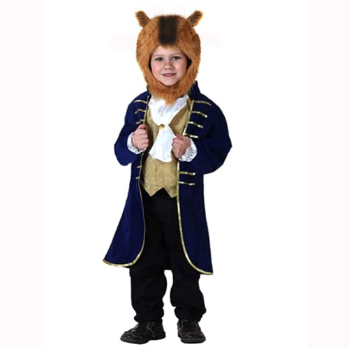 IDOPIP Disfraz de La Bestia para Niño, Disfraz de Príncipe Bella y Bestia para Niños Cosplay Traje de Gastón Príncipe para Fiesta de cumpleaños de carnaval de Halloween Azul + Capucha 4-6 años