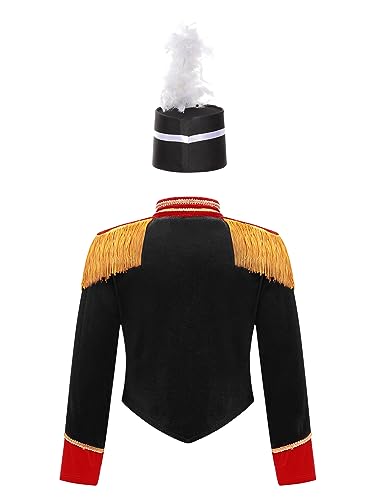 IEFIEL Disfraz de Majorette de Tambor para Niñas Chaqueta Terciopelo de Uniforme con Borlas y Gorro Disfraz de Guardia Real de Lujo Ringmaster de Circo Costume 3-14 Años Negro 9-10 años