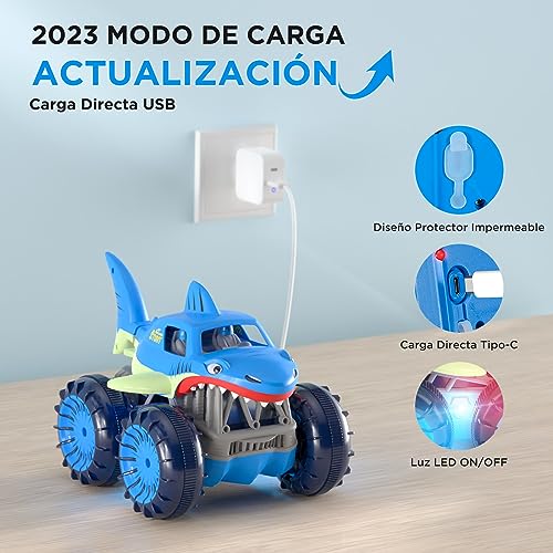 ifollower Carga Directa Coche Teledirigido, 2.4GHz RC Radio Control 4WD Stunt Coche de tiburón Acrobacia Rotación de 360°, 1:22 Navidad Regalo para Niños y Niñas de 3 a 12 Años