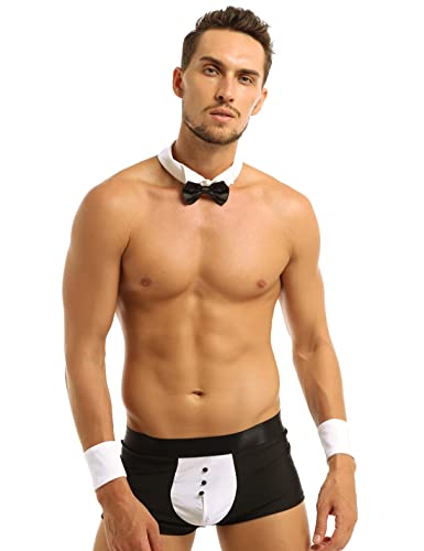 iiniim Calzoncillos + Corbata + Pulsera Disfraz Sexual Hombre Mayordomo Cosplay Ropa Interior de Hombre Picardias Mankini Traje de Camarero Conjunto de Lencería Ropa Erotica Blanco XL