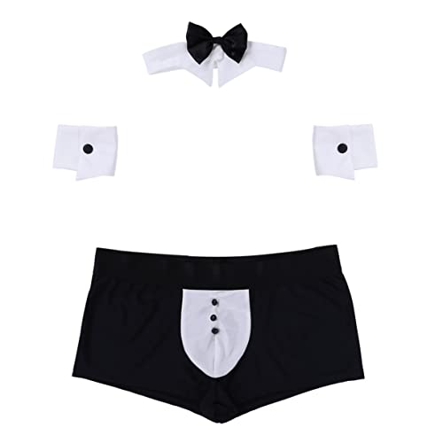 iiniim Calzoncillos + Corbata + Pulsera Disfraz Sexual Hombre Mayordomo Cosplay Ropa Interior de Hombre Picardias Mankini Traje de Camarero Conjunto de Lencería Ropa Erotica Blanco XL