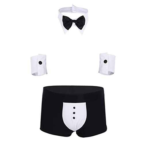 iiniim Calzoncillos + Corbata + Pulsera Disfraz Sexual Hombre Mayordomo Cosplay Ropa Interior de Hombre Picardias Mankini Traje de Camarero Conjunto de Lencería Ropa Erotica Blanco XL