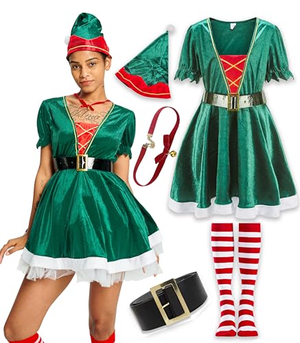 IKALI Disfraz de Papá Noel para mujer, vestido de elfo, juego de rol, regalo para adultos, disfraz con sombrero, cinturón, calcetín, collar