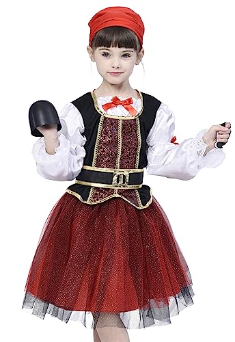 IKALI Disfraz de Pirata para niña, Traje de Lujo del Vestido de Lujo de Buccaneer(Set de 4 Piezas) Vestido de Animal Equipar Princesa de Halloween Juego de rol 4-6años