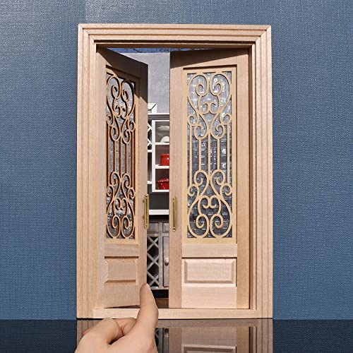 iLAND - Accesorios para casa de muñecas, puertas de casa de muñecas, puertas y ventanas de madera a escala 1:12, puertas dobles talladas con ventanas 3D y asas doradas