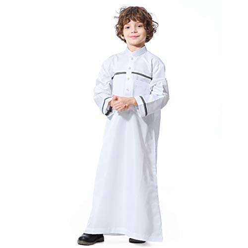 Irak - Disfraz tradicional exótico para niños y hombres, ropa de Thobe Jibba Galabia, ropa iraquí, fiesta, espectáculo, juego, ropa gratis, pañuelo para la cabeza (bata blanca + bufanda, 160-175 cm de