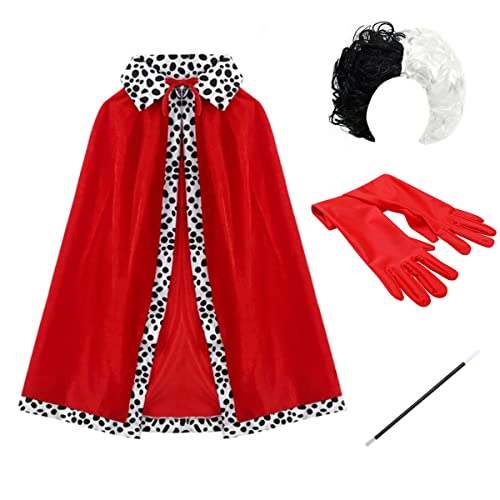 IWEMEK Niña Cruella de Vil Disfraz 101 Dálmatas Vestido Capa Roja Cosplay Halloween Carnaval Fiesta de Cumpleaños Navidad Disfraz de Reina,Peluca,Guantes,Titular de Cigarrillos Niños 4 Piezas 80cm