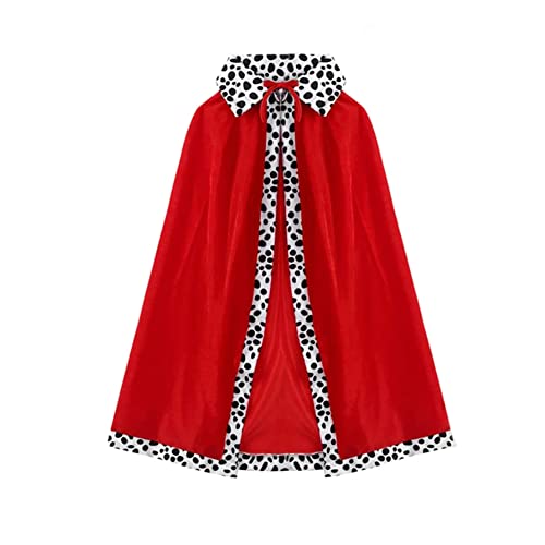 IWEMEK Niña Cruella de Vil Disfraz 101 Dálmatas Vestido Capa Roja Cosplay Halloween Carnaval Fiesta de Cumpleaños Navidad Disfraz de Reina,Peluca,Guantes,Titular de Cigarrillos Niños 4 Piezas 80cm