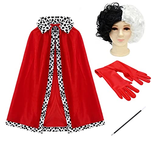 IWEMEK Niña Cruella de Vil Disfraz 101 Dálmatas Vestido Capa Roja Cosplay Halloween Carnaval Fiesta de Cumpleaños Navidad Disfraz de Reina,Peluca,Guantes,Titular de Cigarrillos Niños 4 Piezas 80cm