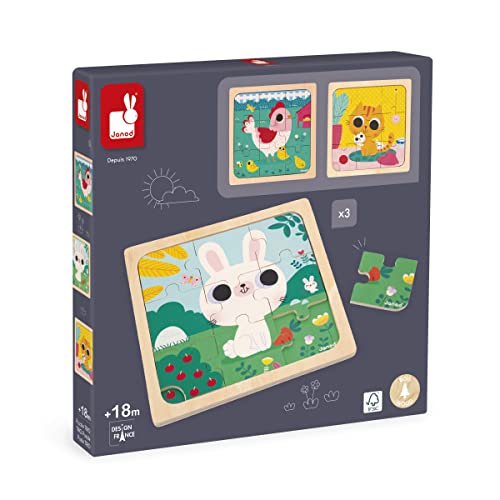 Janod 3 Puzles de Madera de 9 Piezas-Gallina, Gato y Conejo-Juguete Infantil-Juego Educativo Primera Infancia-A Partir de 18 Meses, J07113, Multicolor (JURATOYS