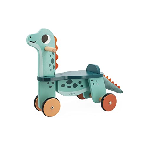 Janod Correpasillos Bebé Dinosaurio Portosaurus-Asiento 21 cm-Cola Peluche Amovible-Juguete Estímulo Madera FSC-A Partir de 12 Meses, J05828, Color Azul (JURATOYS