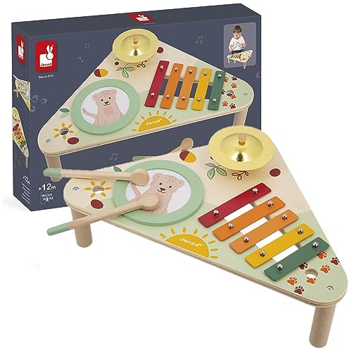 Janod - Mesa Musical Infantil de Madera Sunshine - Instrumento Musical para Niños - Juguete de Imitación y Estímulo Musical - Pintura al Agua - A partir de 12 Meses, J07616