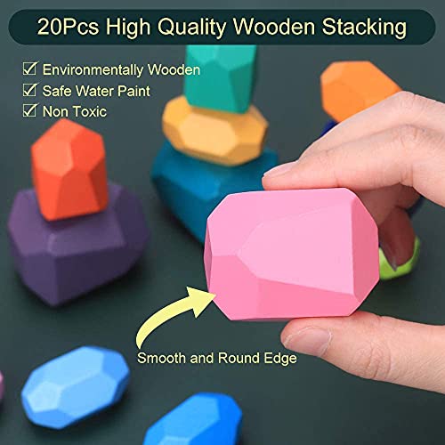 Japace 20 Piezas Juguetes de Apilar de Piedras, Juguetes Niños 2 3 4 Años Montessori Piedras de Equilibrio en Madera Bloques de Construcción Juego Educativo para Bebés Regalo Niña Niños 3-6 Años