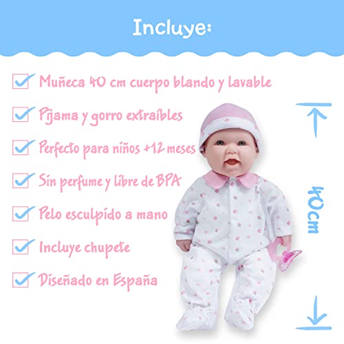 JC TOYS- Muñeca La Baby de 40 cm Tiene Cuerpo Blando y Lavable, biberón mágico y Chupete, Rosa, diseñado en España, 12 Meses