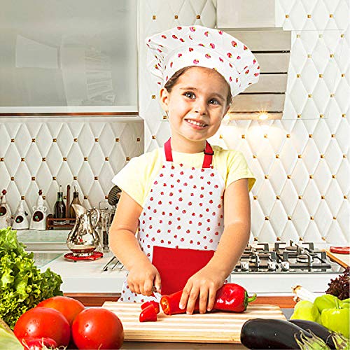 Jennice House Juego de delantal y gorro de chef para niños, delantales para hornear con correa ajustable para el cuello y bolsillos para niños y niñas, jardinería, delantales en 2 tamaños