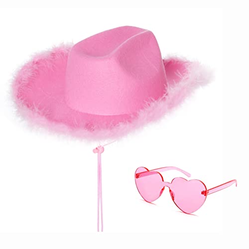 jerbro Juego de 2 sombreros de vaquero rosa y lentes de sol en forma de corazón, disfraz para niñas y mujeres, Halloween, cosplay, accesorios de fiesta (adulto, rosa)