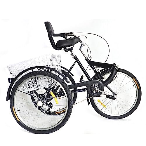 JINPRDAMZ Triciclo de 24 pulgadas para adultos, con cesta grande, asiento reclinable, triciclo plegable de 7 velocidades, carrito de compras deportivo al aire libre (negro)