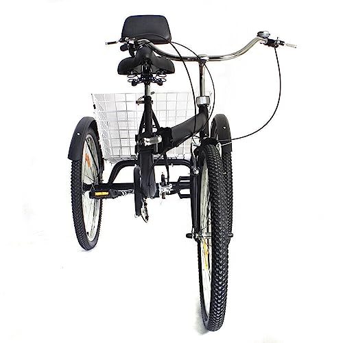 JINPRDAMZ Triciclo de 24 pulgadas para adultos, con cesta grande, asiento reclinable, triciclo plegable de 7 velocidades, carrito de compras deportivo al aire libre (negro)