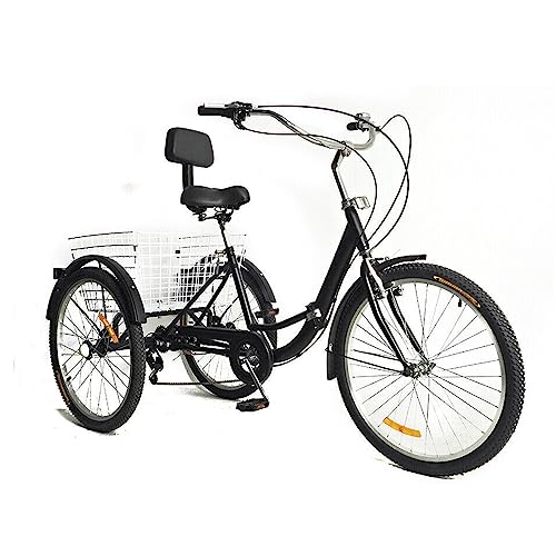 JINPRDAMZ Triciclo de 24 pulgadas para adultos, con cesta grande, asiento reclinable, triciclo plegable de 7 velocidades, carrito de compras deportivo al aire libre (negro)