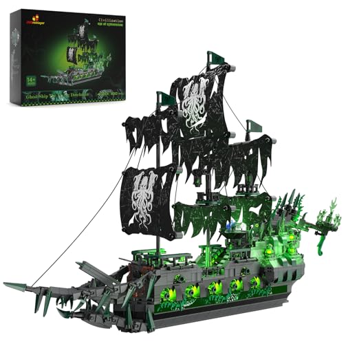 JMBricklayer Juguetes de construcción de Barcos Piratas con Luces, Barco Fantasma Flying Dutchman Modelo de Barco 40001, Juegos de construcción para Adultos, niños y niñas Mayores de 14 años