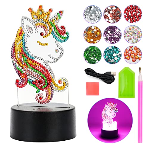 Jocossol Regalo niña 3 4 5 6 7 8 años, Unicornios para niñas de 4 a 9 años Lámpara 3D Luz Nocturna para 4 5 6 7 Niños Niñas Kit Manualidades para niñas Kits de Pintura de Diamantes de Unicornio