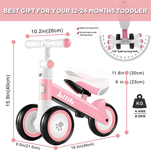 JOLLITO Baby Balance Bike, Adjustable Toddler Baby Bicycle 12-24 Months with 3 Silent Wheels, No Pedal Toddlers Walker Bike Riding Toy for 1 Year Old Boys Girls