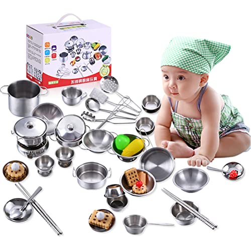 Joyzan Juguetes de Cocina para Niños, Inoxidable Set Utensilios Culinario, Mini Juguete Simulados Kit Cacerola con Cuchara Mezcladora Mucho Más Juego Imitación Niños Juguetes, 3 Años Edad, 16 Piezas