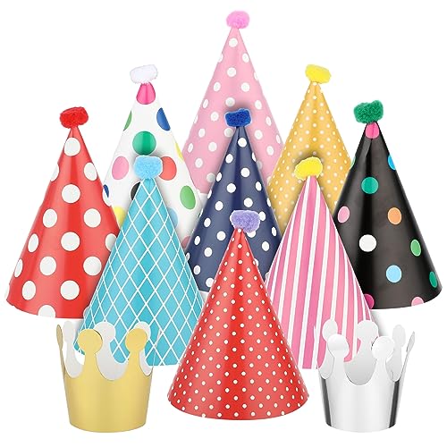 Juego de 11 sombreros de fiesta de cumpleaños, coloridos sombreros de fiesta con cono, sombreros de fiesta para cumpleaños, 9 sombreros de fiesta con pompones y 2 coronas de cumpleaños, adecuados para