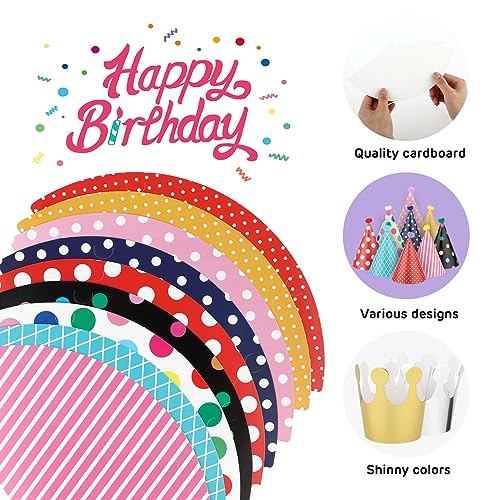 Juego de 11 sombreros de fiesta de cumpleaños, coloridos sombreros de fiesta con cono, sombreros de fiesta para cumpleaños, 9 sombreros de fiesta con pompones y 2 coronas de cumpleaños, adecuados para