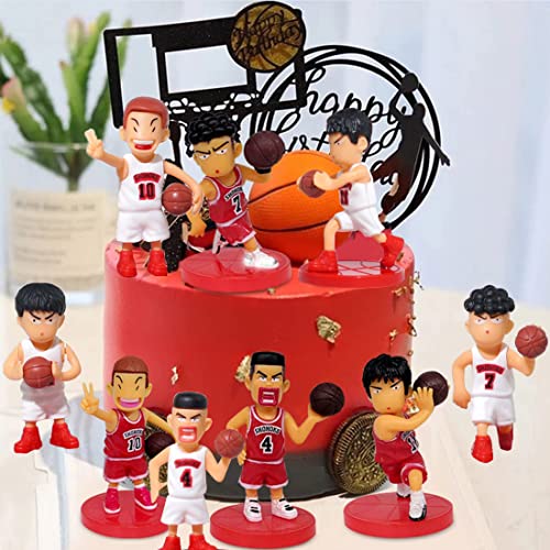 Juego de 12 pasteles de baloncesto, 10 figuras de anime, 2 tapas de baloncesto con purpurina negra, escena de baloncesto, temáticas de decoración de fiestas de cumpleaños