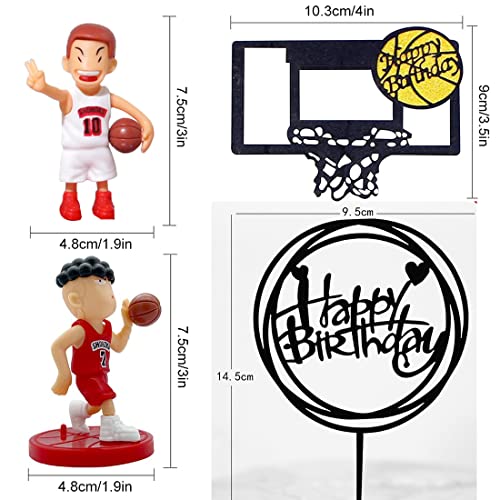 Juego de 12 pasteles de baloncesto, 10 figuras de anime, 2 tapas de baloncesto con purpurina negra, escena de baloncesto, temáticas de decoración de fiestas de cumpleaños