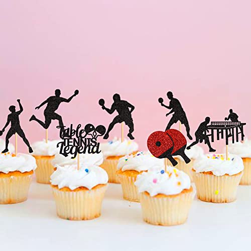 Juego de 28 toppers para cupcakes de tenis de mesa, trofeo, palos, medallas, tenis de mesa, cartel de tenis de mesa, divertido juego de pelota para cupcakes, accesorios deportivos para fiestas