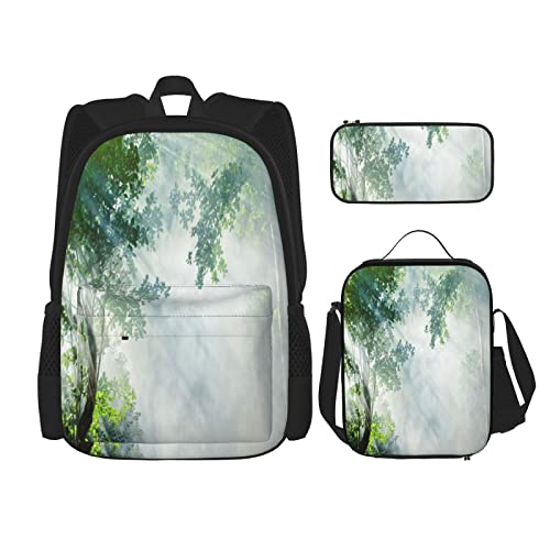 Juego de 3 mochilas Rainforest Sunbeam entre sombras de árboles Idílico paisaje de soledad en la selva libro temático bolsa T, color, 5.0cm*10.5cm*20.5cm, Estuche para lápices