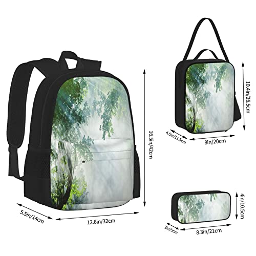 Juego de 3 mochilas Rainforest Sunbeam entre sombras de árboles Idílico paisaje de soledad en la selva libro temático bolsa T, color, 5.0cm*10.5cm*20.5cm, Estuche para lápices