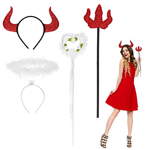 Juego de 4 diademas con cuernos de ángel y diablo, varita mágica roja de diablo, banda de pelo de ángel en ángulo, juegos de cabezales, cuernos de diablo, banda para el pelo para Halloween, accesorios