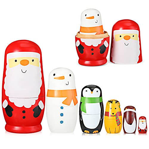 Juego de 6 Muñecas Rusas de Madera Hechas a Mano de Santa Claus Pingüino Alce Muñeco de Nieve Matryoshka Regalo Muñeca Apilable Juguetes para Navidad y Cumpleaños,6 a 1.1 Pulgadas de Alto