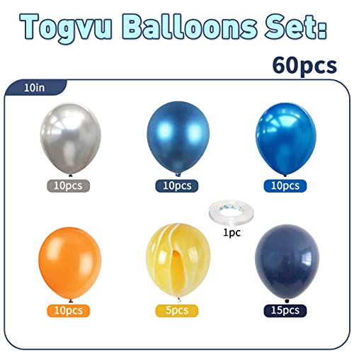 Juego de 60 globos de látex azul y amarillo, azul marino metálico, plateado, naranja, amarillo, ágata, globos de látex azul y naranja, juego de globos de fiesta espacial para niños con temática del