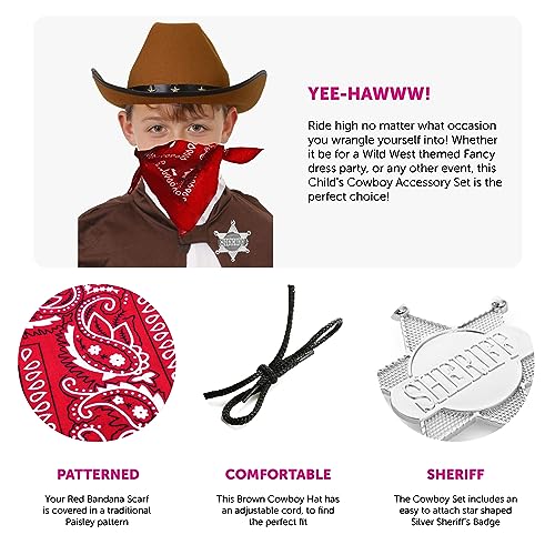 Juego de accesorios de vaquero para niños, sombrero de vaquero marrón con tachuelas de estrellas, bandana de cachemira roja, insignia plateada del sheriff – Juego de accesorios de disfraz de 3 piezas