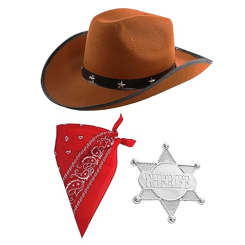 Juego de accesorios de vaquero para niños, sombrero de vaquero marrón con tachuelas de estrellas, bandana de cachemira roja, insignia plateada del sheriff – Juego de accesorios de disfraz de 3 piezas