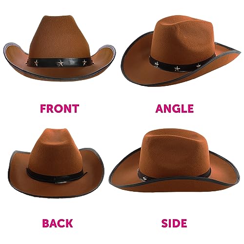 Juego de accesorios de vaquero para niños, sombrero de vaquero marrón con tachuelas de estrellas, bandana de cachemira roja, insignia plateada del sheriff – Juego de accesorios de disfraz de 3 piezas