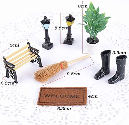 Juego de Accesorios Jardín en Miniatura, 6 Piezas Accesorios de Jardinería para Casas Muñecas, Banco + Farola + Botas de Lluvia + Alfombra + Escoba + Regadera Para Herramientas de Jardín de Muñecas