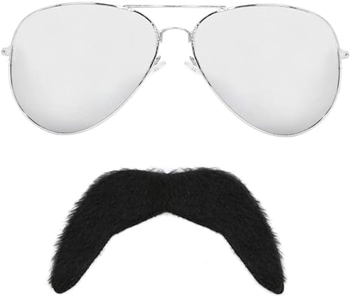 Juego de accesorios para adultos de los años 80 Rockstar – Gafas de sol de aviador de espejo + bigote negro – 1980S Pride MUSICIAN ROCK STAR FANCY DRESS STUME (talla única)