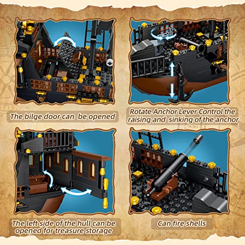 Juego de bloques de construcción de barco pirata Black Hawk Ideas, juguete de construcción para piratas, regalo para 6-10 niños y niñas, bloques de sujeción para adultos, barco pirata (compatible con