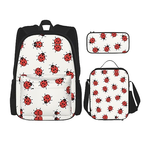 Juego de mochila de bolsillo cruzada, bolsa de almuerzo y bolsa para bolígrafos, resistente, duradera, moderna y ligera, estampado de mariquitas infinitas