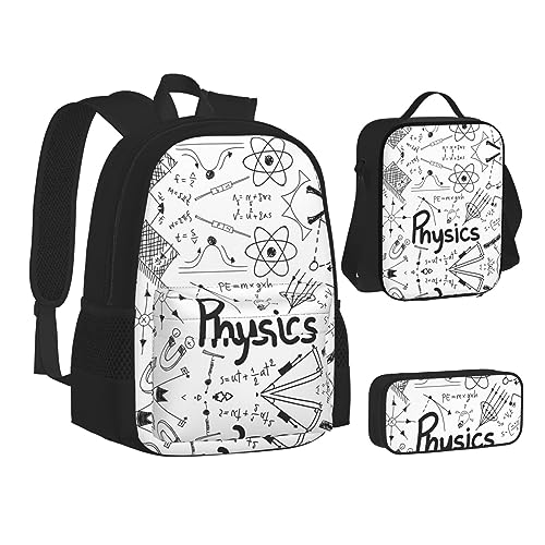 Juego de mochila de bolsillo cruzada, bolsa de almuerzo y bolsa para bolígrafos, resistente, duradera y de moda, diseño ligero, imagen impresa de física