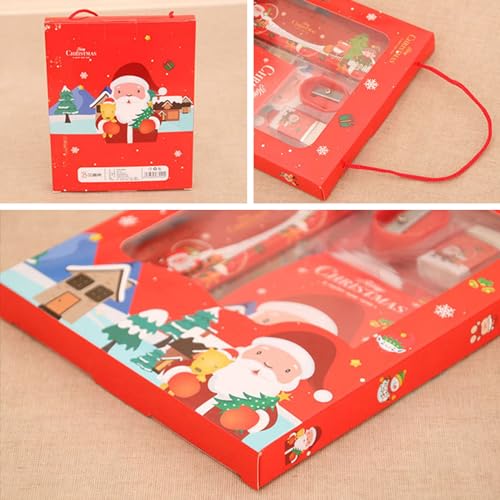 Juego de papelería de Navidad con 4 lápices niños, 2 bloc de notas, 2 regla 15 Cm, 2 goma de borrar, 2 sacapuntas, juego de Navidad de lápices para jardín de infantes de favor de fiesta de Navidad.