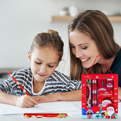 Juego de papelería de Navidad con 4 lápices niños, 2 bloc de notas, 2 regla 15 Cm, 2 goma de borrar, 2 sacapuntas, juego de Navidad de lápices para jardín de infantes de favor de fiesta de Navidad.