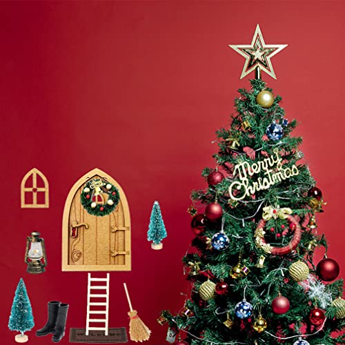 Juego de Puerta de Navidad en Miniatura, Juego de Casa de Muñecas en Miniatura Puerta de Hadas,Miniatura de Navidad Puerta de Elfo Árbol de Navidad Corona Lámpara de Aceite Botas Alfombra Escoba