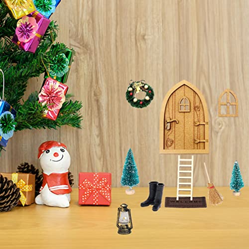 Juego de Puerta de Navidad en Miniatura, Juego de Casa de Muñecas en Miniatura Puerta de Hadas,Miniatura de Navidad Puerta de Elfo Árbol de Navidad Corona Lámpara de Aceite Botas Alfombra Escoba
