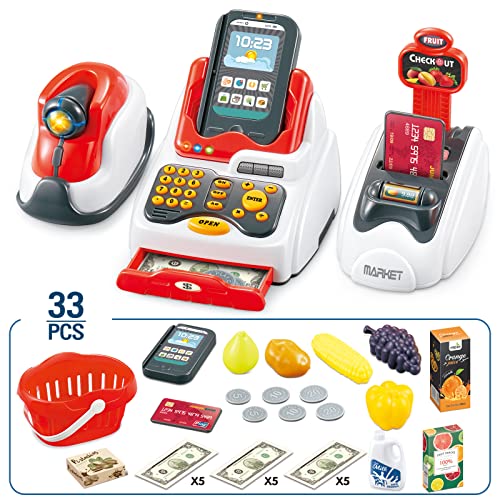 Juego de Supermercado Juguete de Tienda Simulación con Caja Registradora Lector de Tarjetas Escáner de Productos y Modelo Comidas Frutas 33pcs Juguete de Rol Funcional de Educativo Temprano para Niños